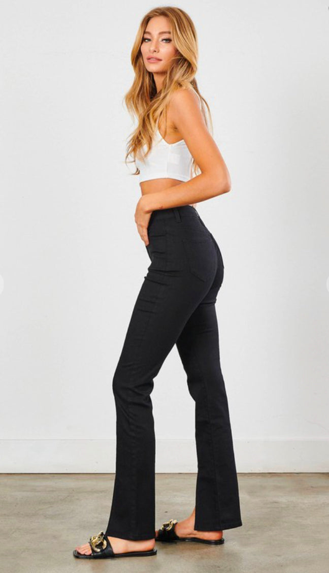 High Rise Front Slit Bootcut Pants- Black