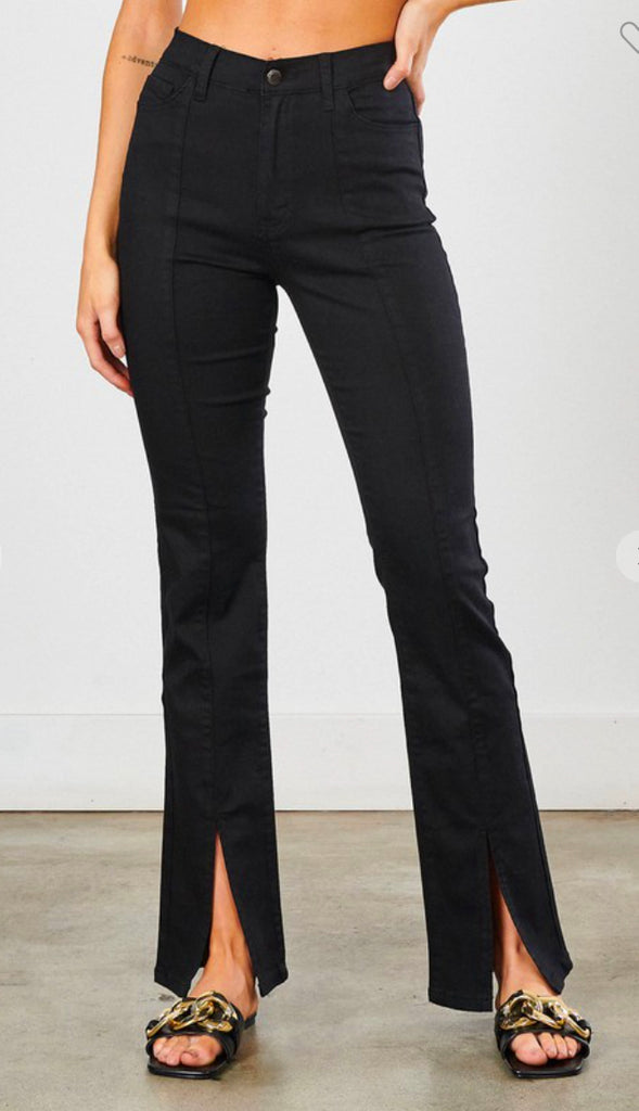 High Rise Front Slit Bootcut Pants- Black