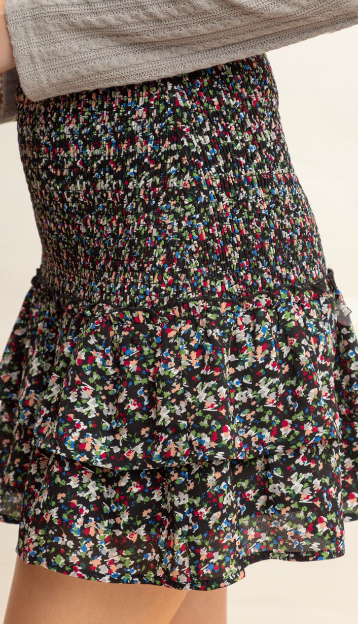 Elaina Floral Ruffle Skirt- Black/Multi