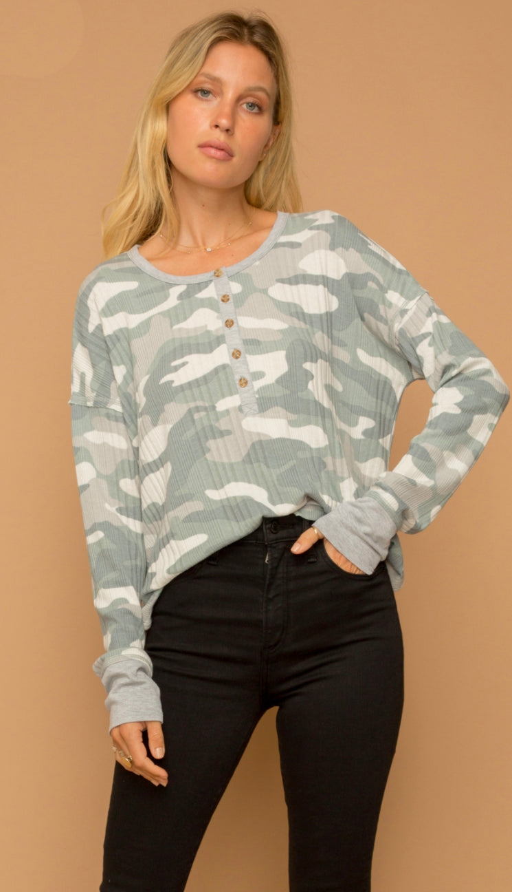 Camo Ribbed Long Sleeve Top- Light Olive