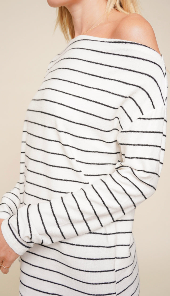 Just Casual Off Shoulder Stripe Knit Top- Ivory