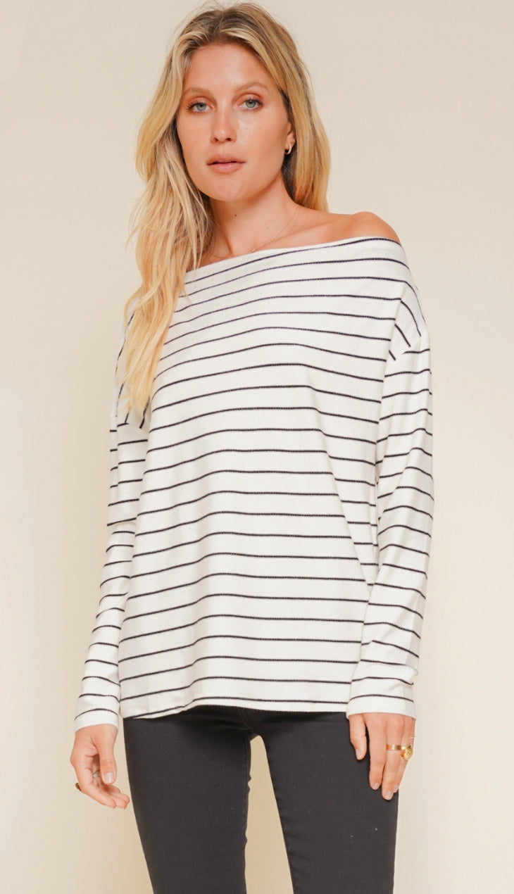 Just Casual Off Shoulder Stripe Knit Top- Ivory
