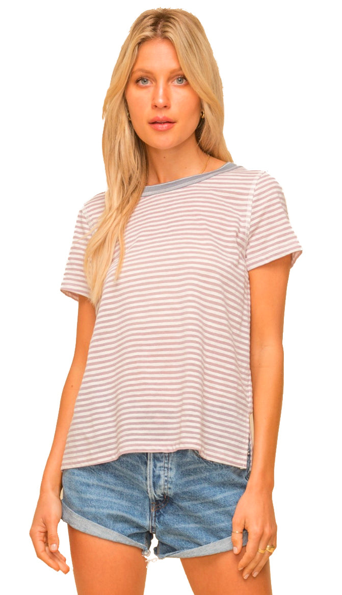 Casual Day Contrast Neckband Stripe Tee- Lavender