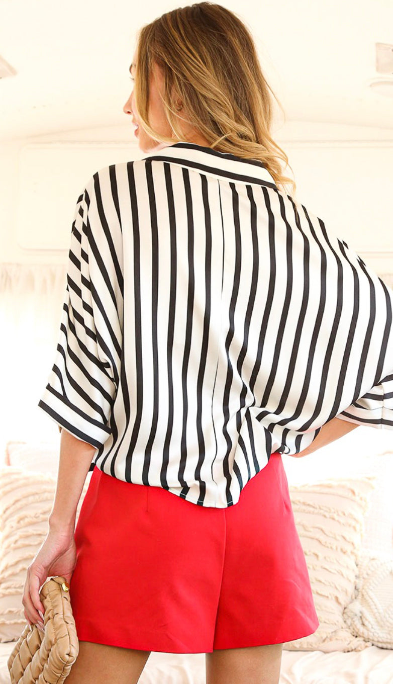 Jen Striped Satin Shirt Top- Black/White