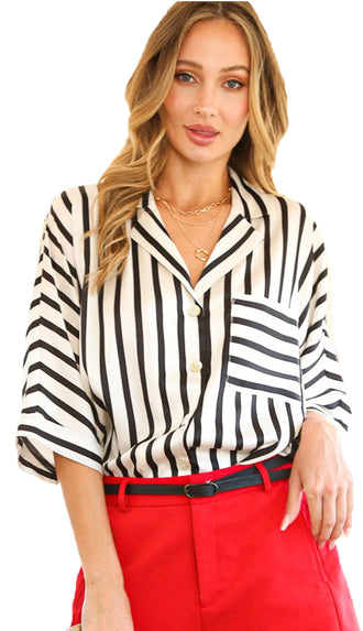 Jen Striped Satin Shirt Top- Black/White