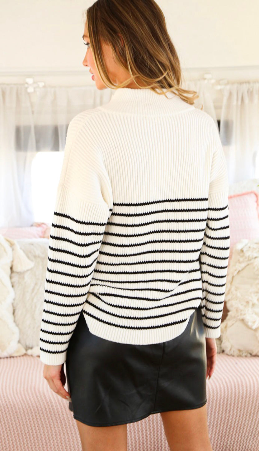 Zoey Zip Up Striped Sweater- Off White