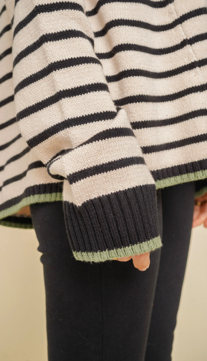 Hint Of Green Stripe Hi Lo Sweater- Taupe/Black