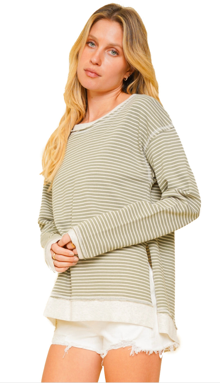 Call On Me Stripe French Terry Pullover- Olive