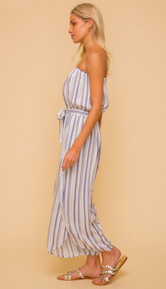 Up And Down Stripe Tube Jumpsuit- Ivory/Blue