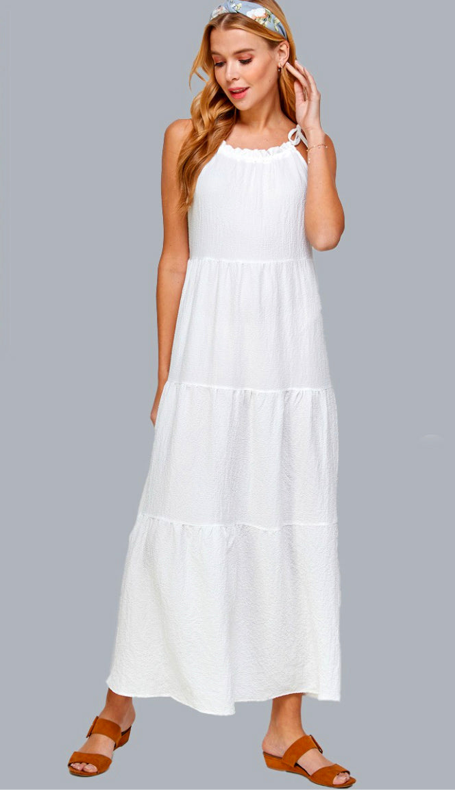 Napals Tie Shoulder Tiered Maxi Dress- White