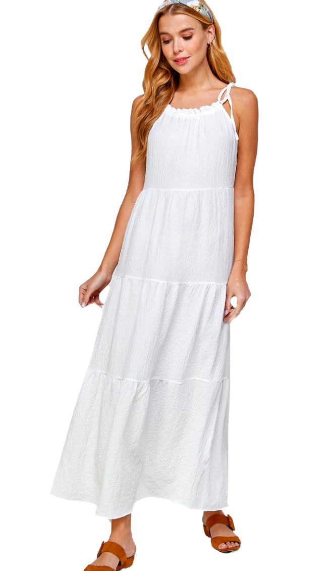 Napals Tie Shoulder Tiered Maxi Dress- White