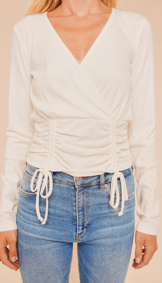 Elle Ruched Waist Long Sleeve Top- White