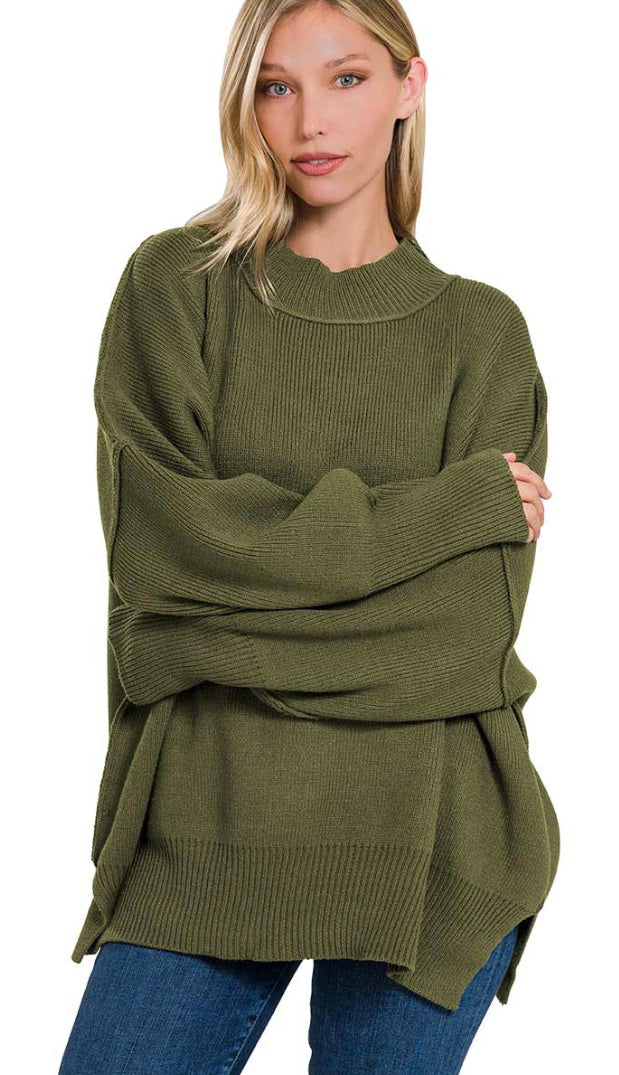 Wind Down Side Slit Oversized Sweater- Dark Olive