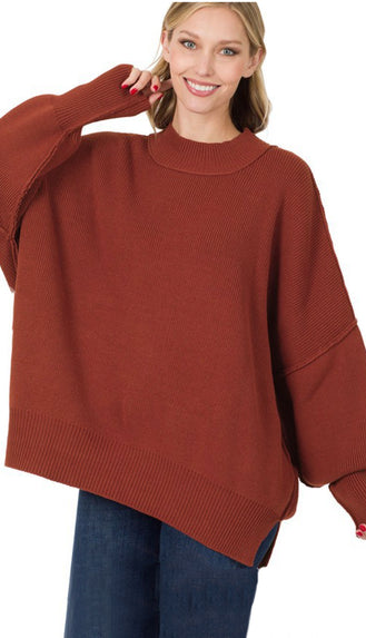 Wind Down Side Slit Oversized Sweater- Dark Rust