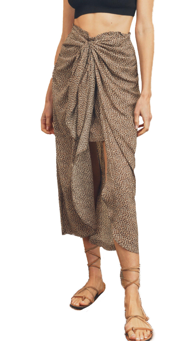 Ava Animal Print Elastic Waist Wrap Skirt- Taupe